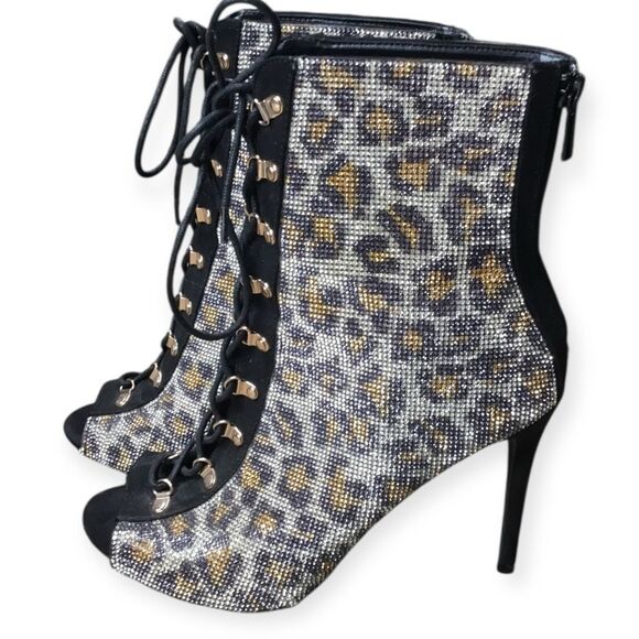 ANNE MICHELLE Women’s Cheetah Print Rhinestone Lace-Up Peep Toe Stiletto Booties - Picture 3 of 8